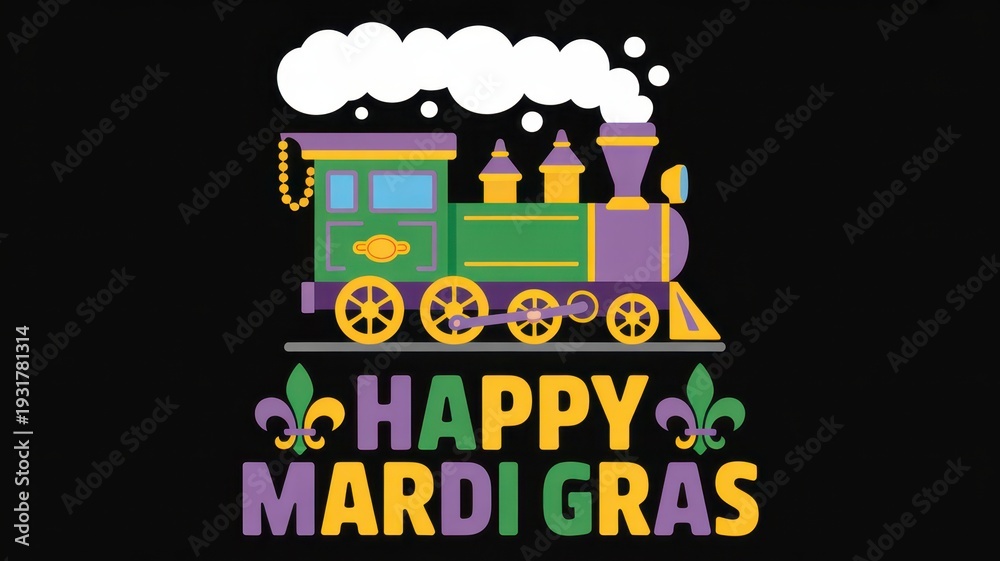 Naklejka premium Colorful train with happy mardi gras text on black background in festive carnival style