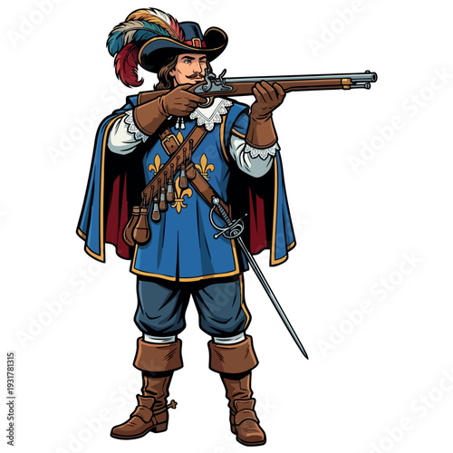 French Musketeer Aiming with Antique Musket Rifle