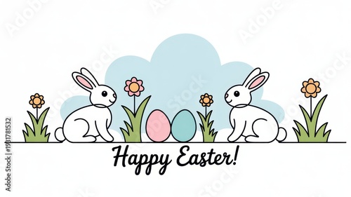 Easter bunnies with colored eggs and flowers on white background with happy easter greeting in cute spring mood