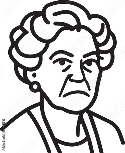 Old Woman Black and White Avatar Illustration in Minimal Line Art Style Design