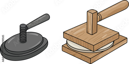 Wooden Tortilla Press and Cast Iron Comal Griddle Vector Illustration for Flatbread Cooking and Mexican Cuisine