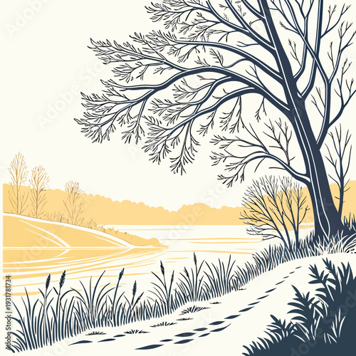 Winter shoreline with bare tree and grassy bank frosty