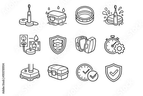 Sealed icons protective toothbrush waterproof vector clean reliability internal casing electronics icon