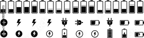 Black battery status icons set with charging indicators, power plug symbols, lightning bolts, energy levels, and electric vehicle charging station elements.