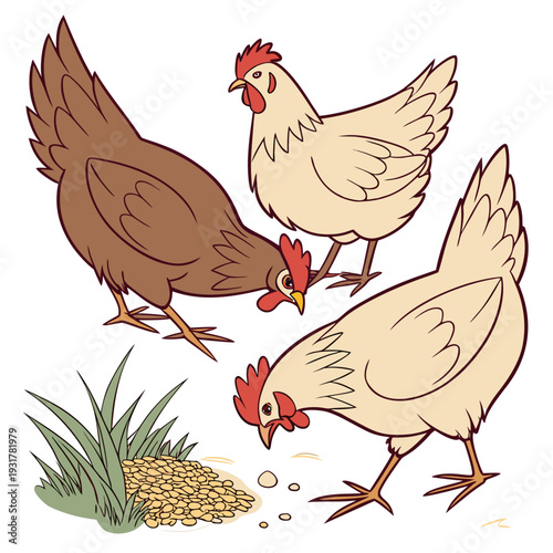 Three cartoon chickens eating feed on white background
