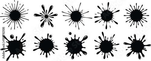 Black ink splatter vector illustration set, abstract blot shapes, artistic design elements, grunge texture collection for creative graphic backgrounds
