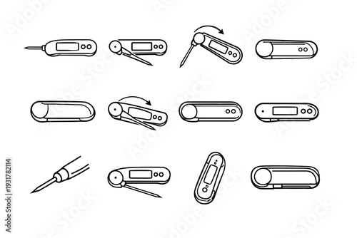 Structure thermometer functional storage design kitchen safe digital probe vector geometry icons