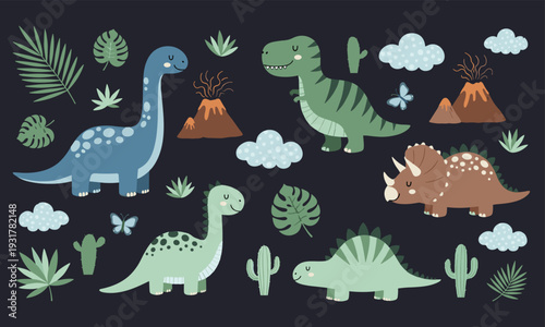 PrintCute dinosaur vector set, cartoon prehistoric animals with volcano plants clouds for kids illustration