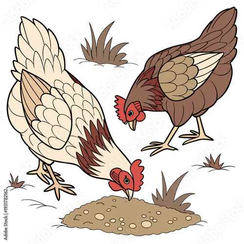 Two cartoon chickens pecking at dirt farm animals birds