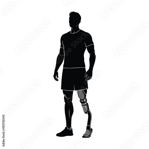 Silhouette of a man with a prosthetic leg standing confidently in casual athletic clothing against a white background