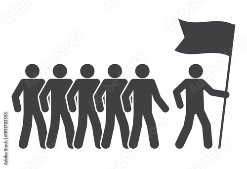 people crowd and leader with flag in hand icon