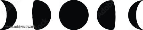 Black silhouette moon phases icons showing lunar cycle from waxing crescent to full moon and waning crescent for astronomy and astrology.