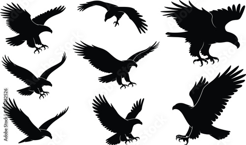 Flying eagle silhouettes set, dynamic hunting and landing poses, isolated black raptor wildlife vector illustration collection