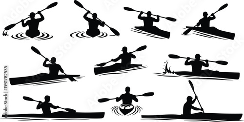 Black silhouette vector illustration set of kayaking and canoeing people, paddling positions, water sports icons, adventure outdoor activity collection design