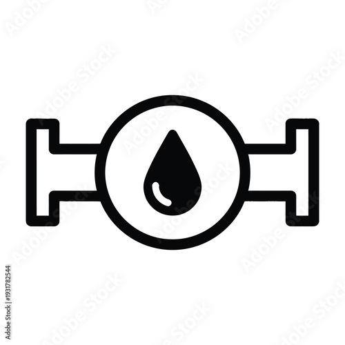 Black and white illustration of a fluid control valve with a central droplet symbolizing liquid flow regulation