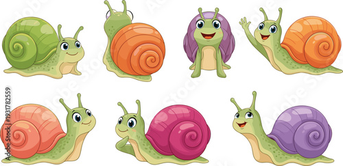 Cute Snail Cartoon Character Set with Colorful Shells and Friendly Expressions for Children's Book Illustrations, Educational Materials, Stickers, and Playful Graphic Designs