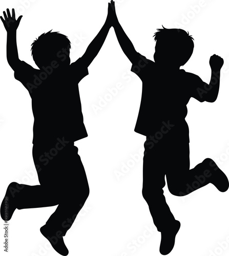 Happy kids silhouettes jumping and giving high five, childhood joy, friendship celebration, playful energy, teamwork success concept