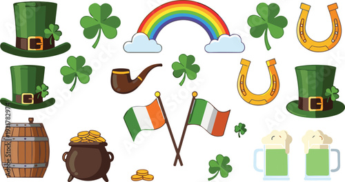 Saint Patricks Day vector icons set, Irish holiday symbols rainbow clover beer hat illustration collection