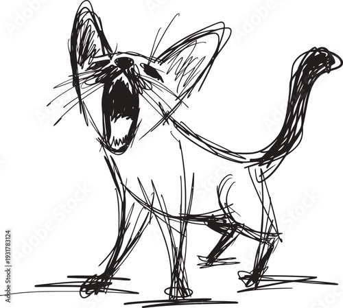 Sketch of an angry cat with mouth wide open, standing and showing aggression