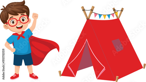 Superhero boy cartoon with red cape and camping tent vector illustration kids adventure concept design