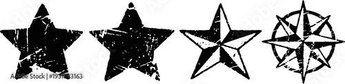 set of four black grunge star and compass shapes with distressed textures