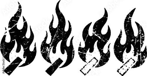 Grunge cigarette burning graphic icons set smoke and flame symbol silhouettes in distressed
