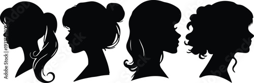 Women profile silhouettes collection, diverse female hairstyles side view, isolated black head portraits for beauty and fashion design