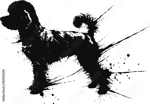 Black ink splatter silhouette of a standing dog with curled tail and textured fur pattern