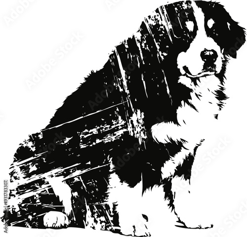 bernese mountain dog silhouette with textured rustic wooden overlay artistic design