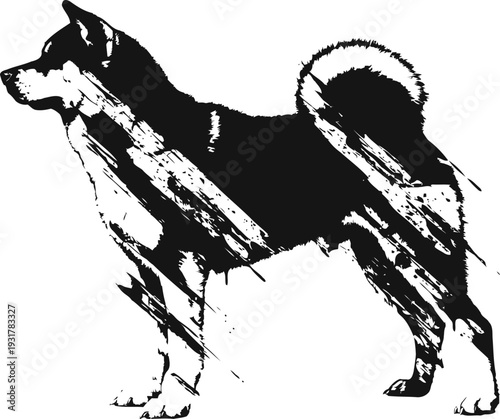Black and white japanese shiba inu silhouette with distressed grunge texture, standing dog profile illustration