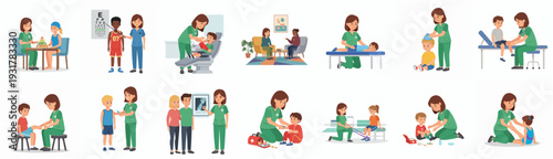 Cartoon Style Detailed Pediatrician Doctor with Child Patient Illustration Set