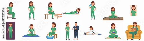 Flat Style Character Woman Nurse Activity Set Various Poses Occupation