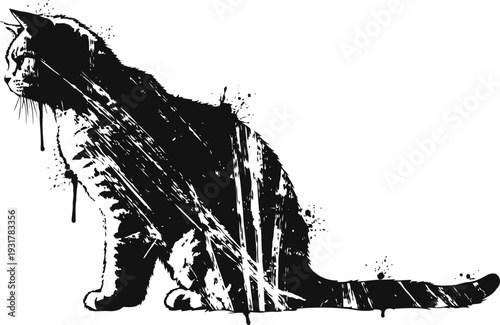 Paint splatter black cat silhouette with abstract art texture and grunge effect