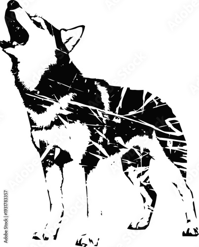 Howling wolf silhouette with nature texture overlay black and white double exposure design