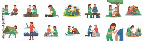 Flat Illustration First Aid and Outdoor Emergency Treatment Set Various Scenes