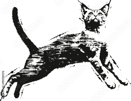 Leaping cat silhouette with dynamic brushstroke effect in black and white