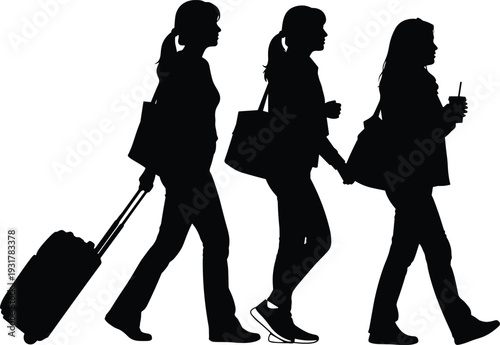 Women traveler silhouettes, walking with luggage, shopping and coffee, urban female travel lifestyle isolated illustration set collection pack