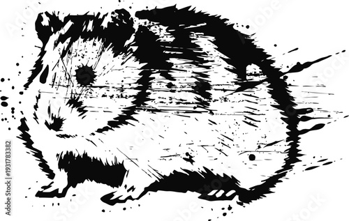 Hamster black ink sketch, small rodent pet drawing, grunge animal illustration