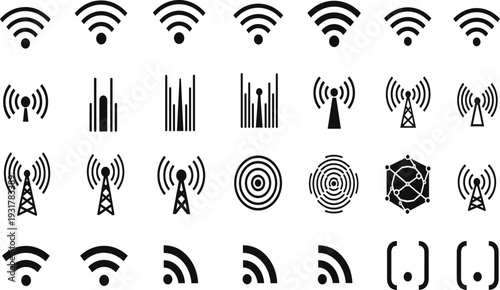 Black vector icon set of wireless communication, Wi‑Fi signals, radio towers, antennas, connectivity symbols, broadcasting technology design collection
