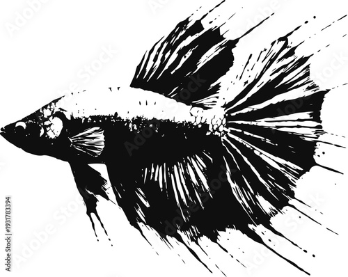 Detailed black and white illustration of a flowing tail betta fish in side profile with elaborate fins and scales
