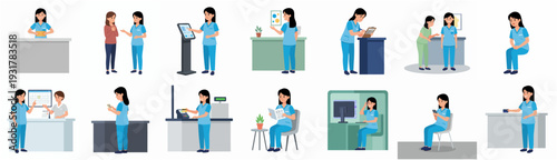Flat Style Diverse Nurse Character Doing Various Activities Illustration Set