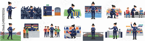 Cartoon Style Full Body Female Security Guard in Various Actions Illustration