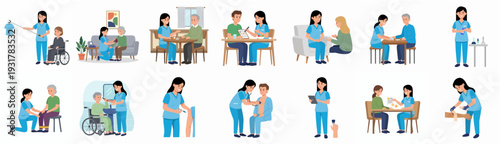 Cartoon Style Various Elderly People Care Scenarios Nurse and Patient Illustration