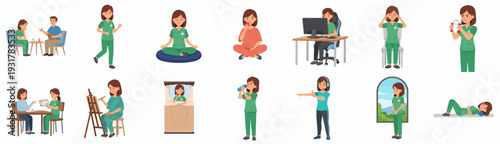 Diverse Flat Style Daily Routine of a Woman Wearing Scrub Outfit Illustration