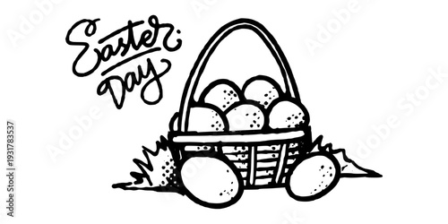 Happy Easter Day Basket with Eggs in Urban Doodle Art Style.