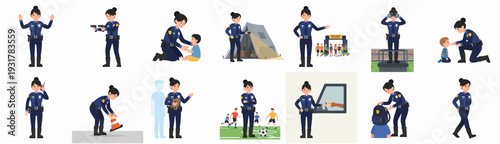 Flat Design Police Woman Character Doing Different Activities and Helping People Illustration Set