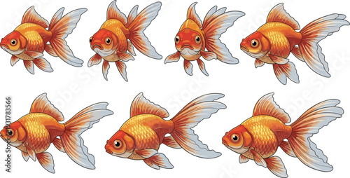 Golden Fish Vector Illustration Set Featuring Colorful Goldfish in Various Swimming Poses for Aquarium Themes, Pet Shop Branding, and Nature Graphic Design Projects