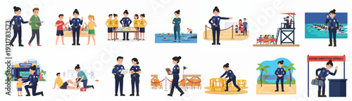 Flat Illustration Set of Coast Guard Officer Actions and Activities