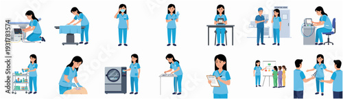 Cartoon Illustration Set of Hospital Staff Performing Various Tasks in Hospital