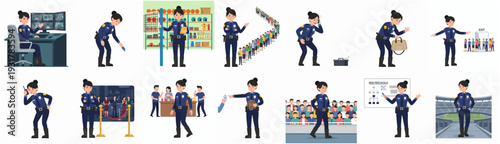 Diverse Flat Illustration Set of Female Police Officer in Action